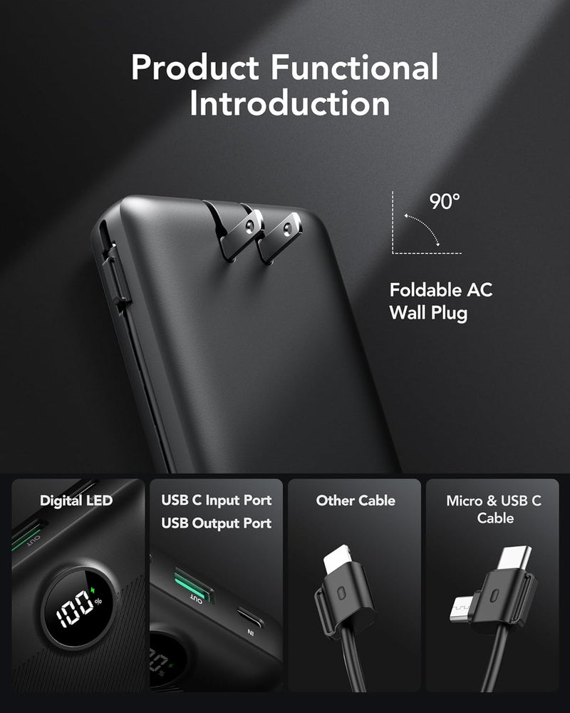 VRURC Portable Charger 20000mAh, Fast Charging Power Bank USB C,4 Output 2 Input Travel Essentials Charging Bank Equipped with LED Display,Built-in Wall Plug and Cables,Phone Charger Battery,Black - Image 2